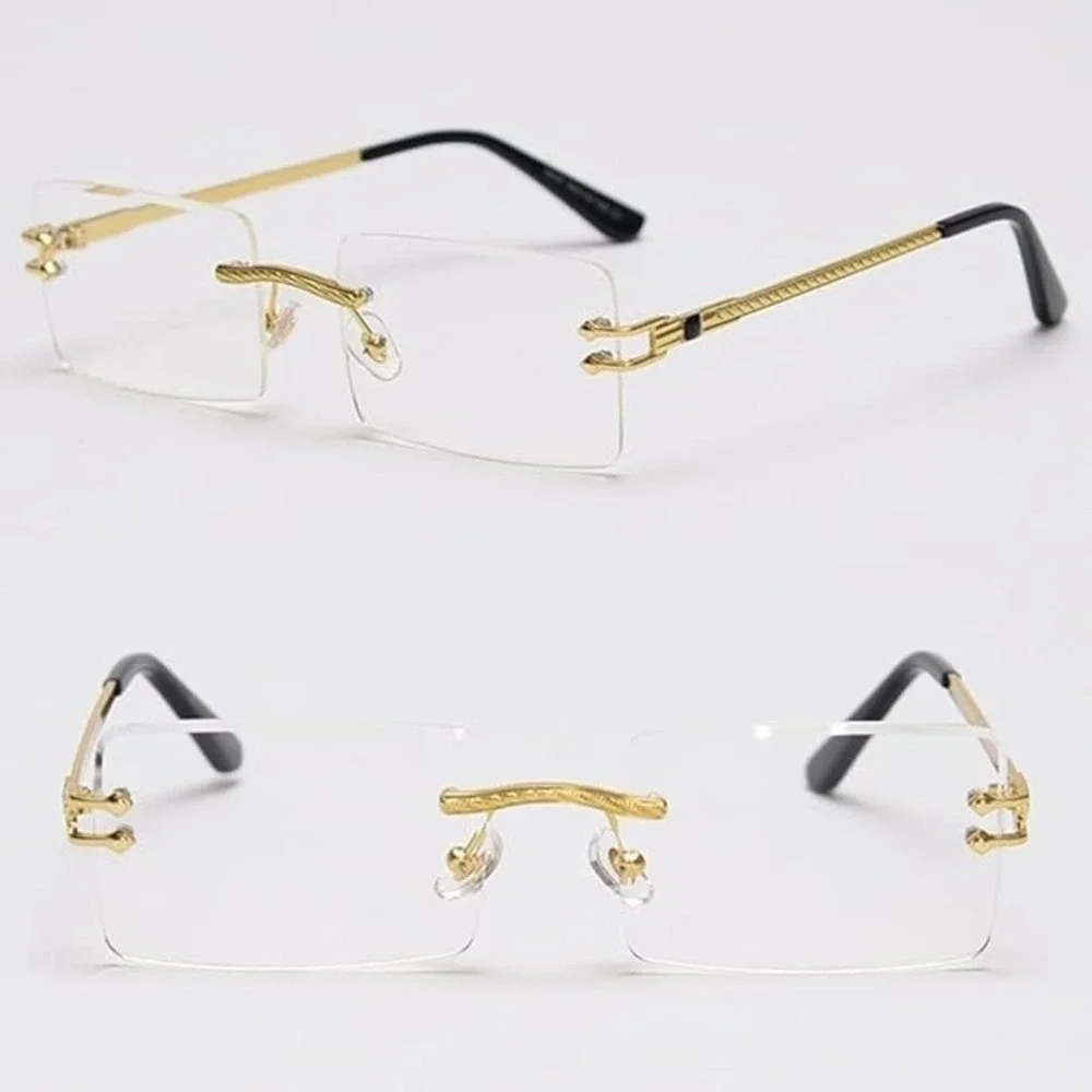 Rimless‎ Rectangle Gold Frame Clear Lens Fashion Sunglasses Hip Hop Eyeglasses